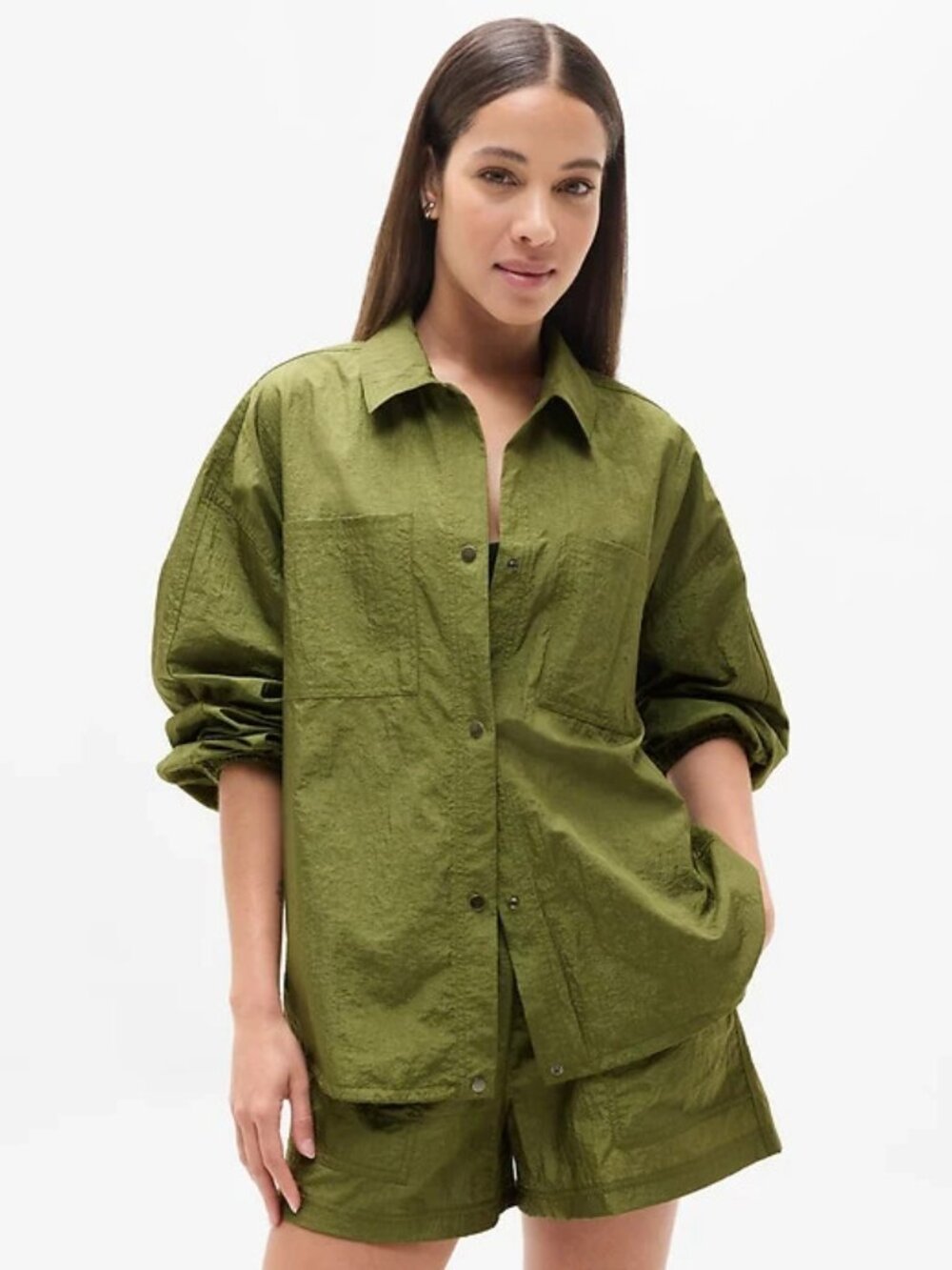 Athleta Olive Green Lunar Sheen Snap Front Lightweight Jacket Size Medium